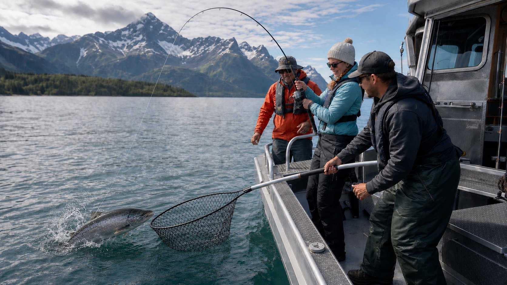 Illustrative salmon fishing aboard an Alaska charter boat